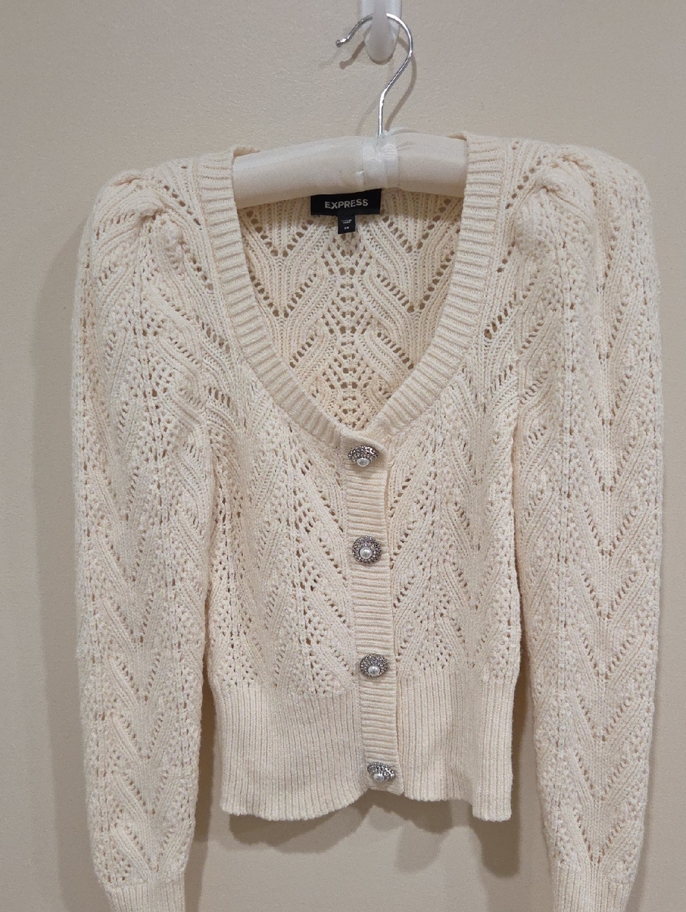 Express Cream Openwork V-Neck Button Cardigan
